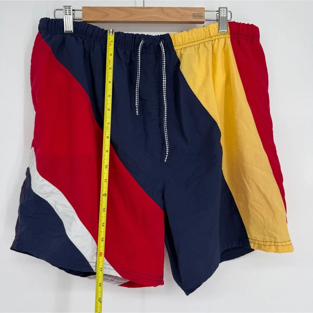 Merona Mens Swim Trunks Navy Red Yellow Vintage Mesh Lined Shorts Sz XL‎